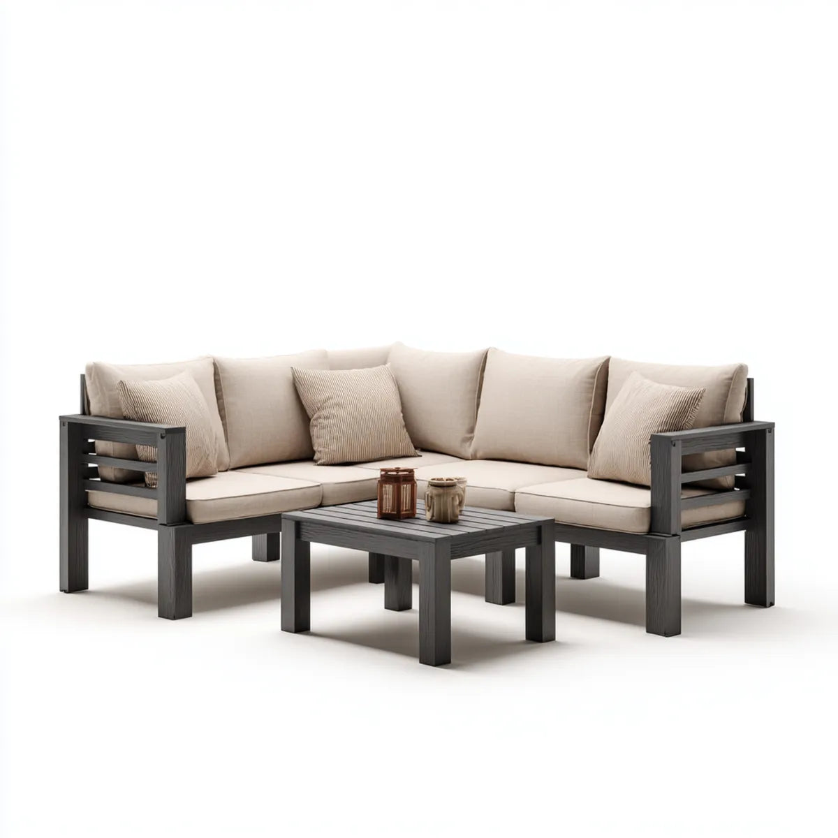 Salon de jardin d'angle 5 places avec table basse gris anthracite et beige en bois d'acacia massif 240 x 240 cm