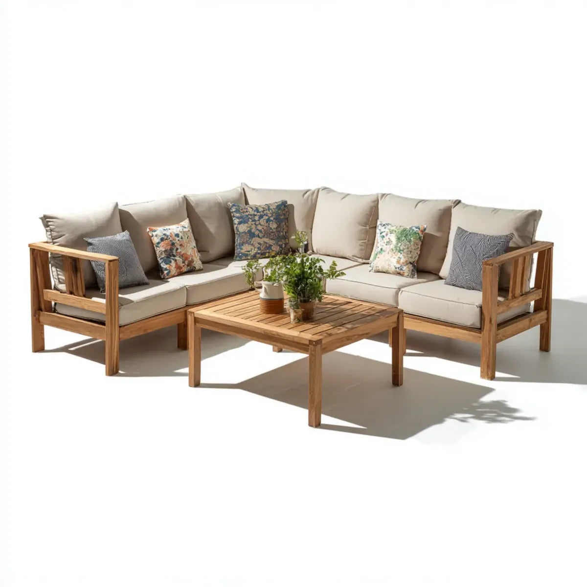 Salon de jardin d’angle 5 places beige en bois d’acacia massif avec table basse 220 x 220 cm