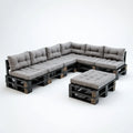 Salon de jardin d'angle 5 pièces gris et noir en bois massif avec coussins en polyester 240 x 160 cm