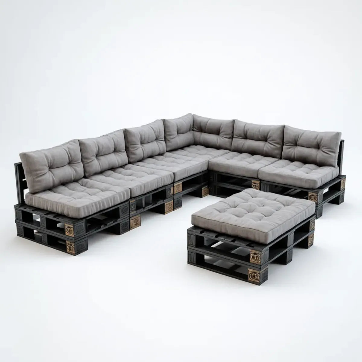 Salon de jardin d'angle 5 pièces gris et noir en bois massif avec coussins en polyester 240 x 160 cm