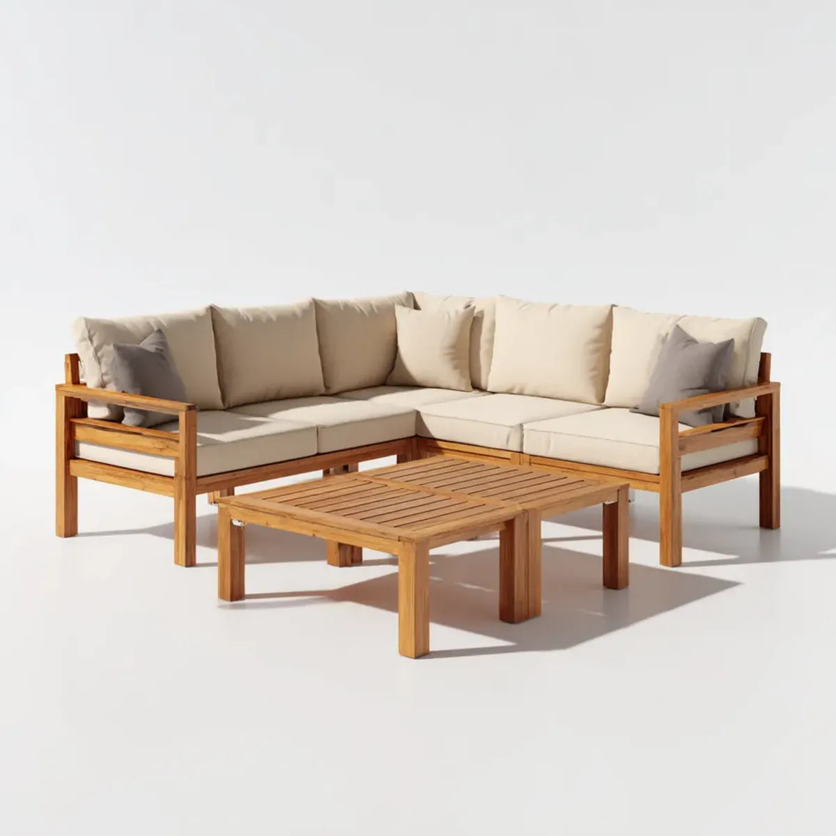Salon de jardin d'angle 5 places beige et naturel 240 x 240 x 70 cm en acacia massif avec table basse rectangulaire