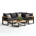 Salon de jardin d’angle 4 places noir et naturel en acier et acacia massif 218 x 218 x 65 cm avec table basse 100 x 60 x 40 cm