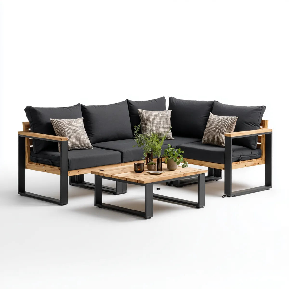 Salon de jardin d’angle 4 places noir et naturel en acier et acacia massif 218 x 218 x 65 cm avec table basse 100 x 60 x 40 cm