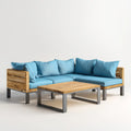 Salon de jardin d’angle 3 places bleu en acacia massif et acier avec table basse rectangulaire 210 x 210 x 70 cm