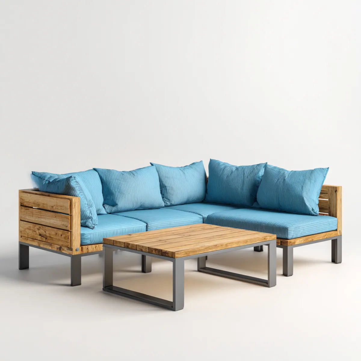 Salon de jardin d’angle 3 places bleu en acacia massif et acier avec table basse rectangulaire 210 x 210 x 70 cm