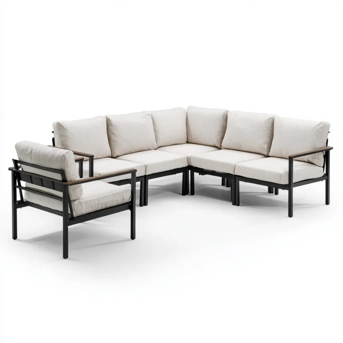 Salon de jardin d'angle 4 pièces beige et noir en acier thermolaqué avec coussins en polyester 218 x 218 x 76 cm