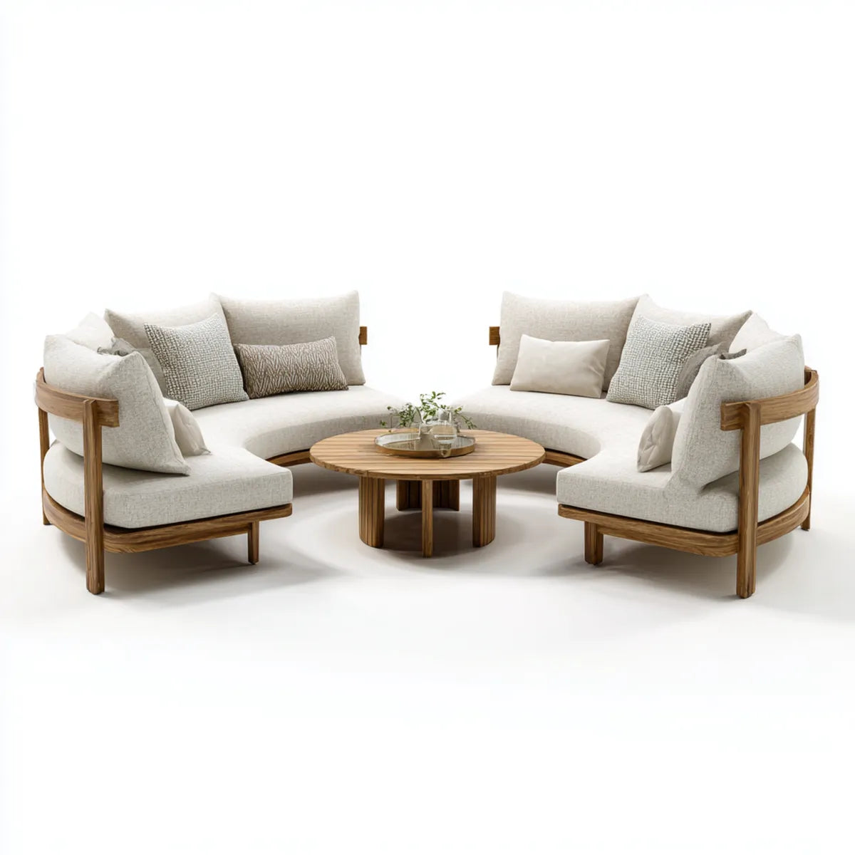 Salon de jardin 5 pièces beige en bois d'acacia massif avec table ronde 90 x 90 x 42 cm