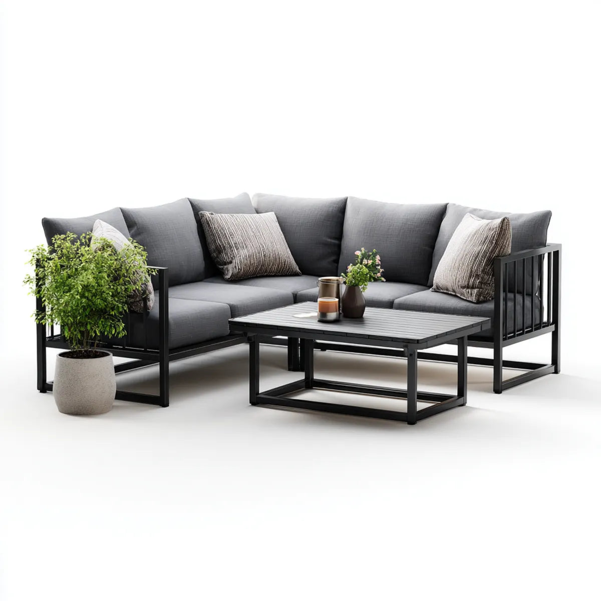 Salon de jardin d’angle 4 places gris anthracite avec table basse en aluminium 220 x 220 cm