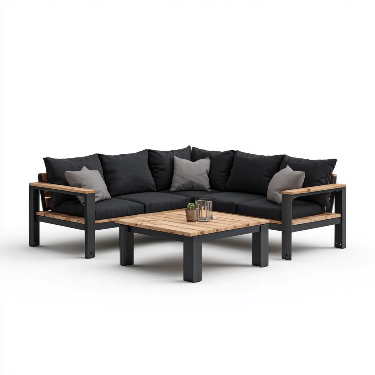 Salon de jardin d'angle 3 pièces noir et acacia avec table basse 240 x 240 cm