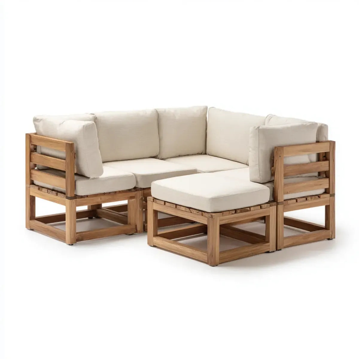 Salon de jardin d'angle 4 places beige en acacia massif avec repose-pieds 220 x 220 cm