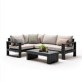 Salon de jardin d'angle 5 places noir et beige en bois d'acacia avec table basse rectangulaire 230 x 230 cm