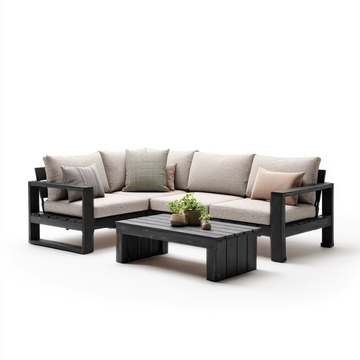 Salon de jardin d'angle 5 places noir et beige en bois d'acacia avec table basse rectangulaire 230 x 230 cm
