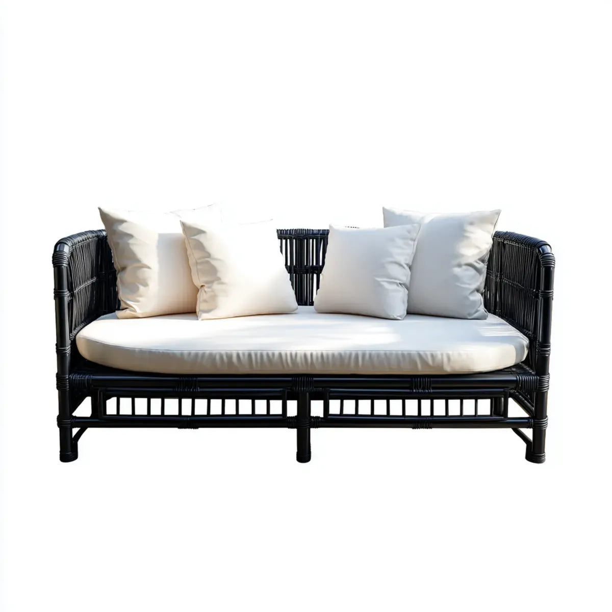 Canapé de jardin 2 places noir avec coussins blanc 160 x 75 x 80 cm en rotin PE et acier