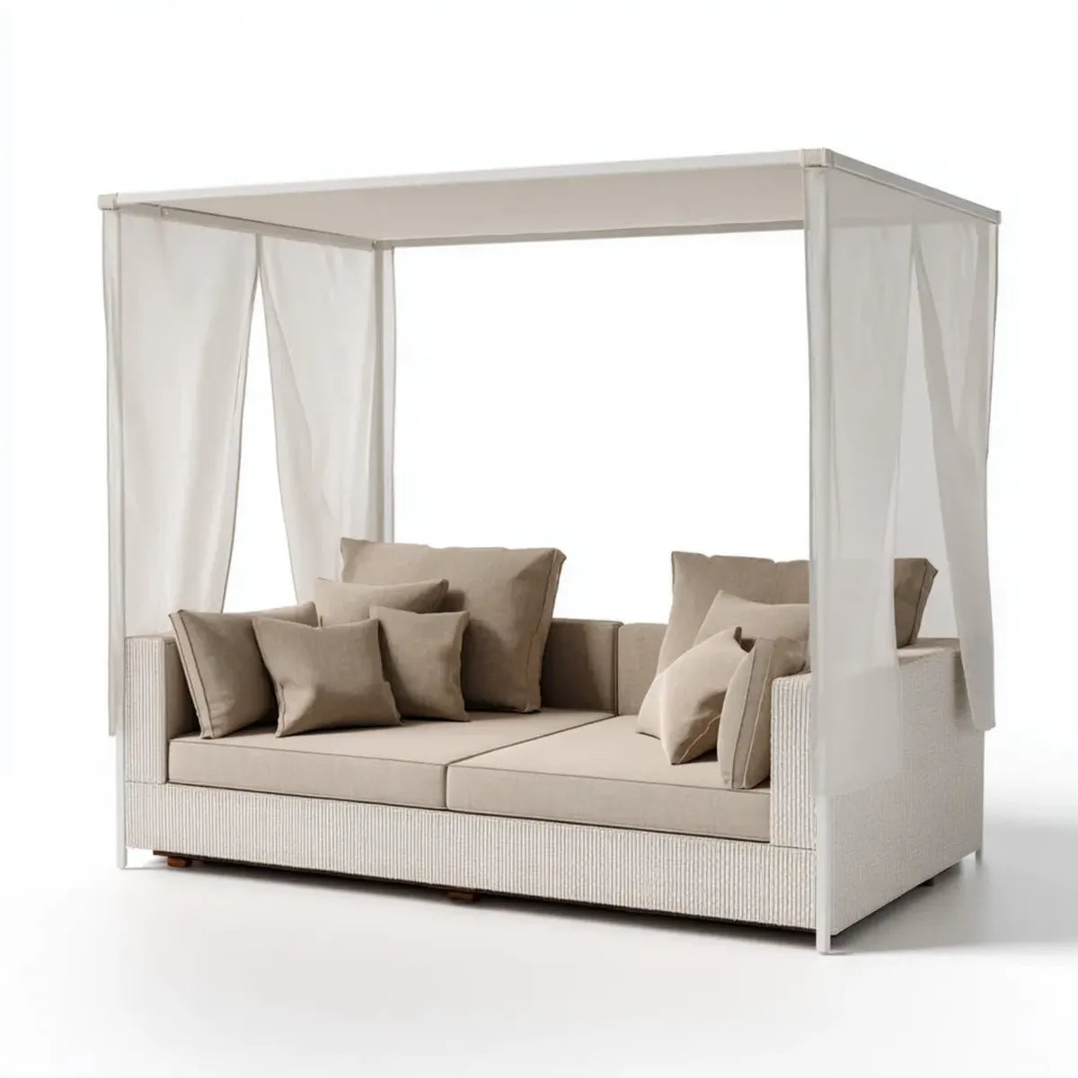 Canapé de jardin 2 places avec toit et rideaux beige 220 x 140 x 200 cm aluminium et polyester rectangulaire