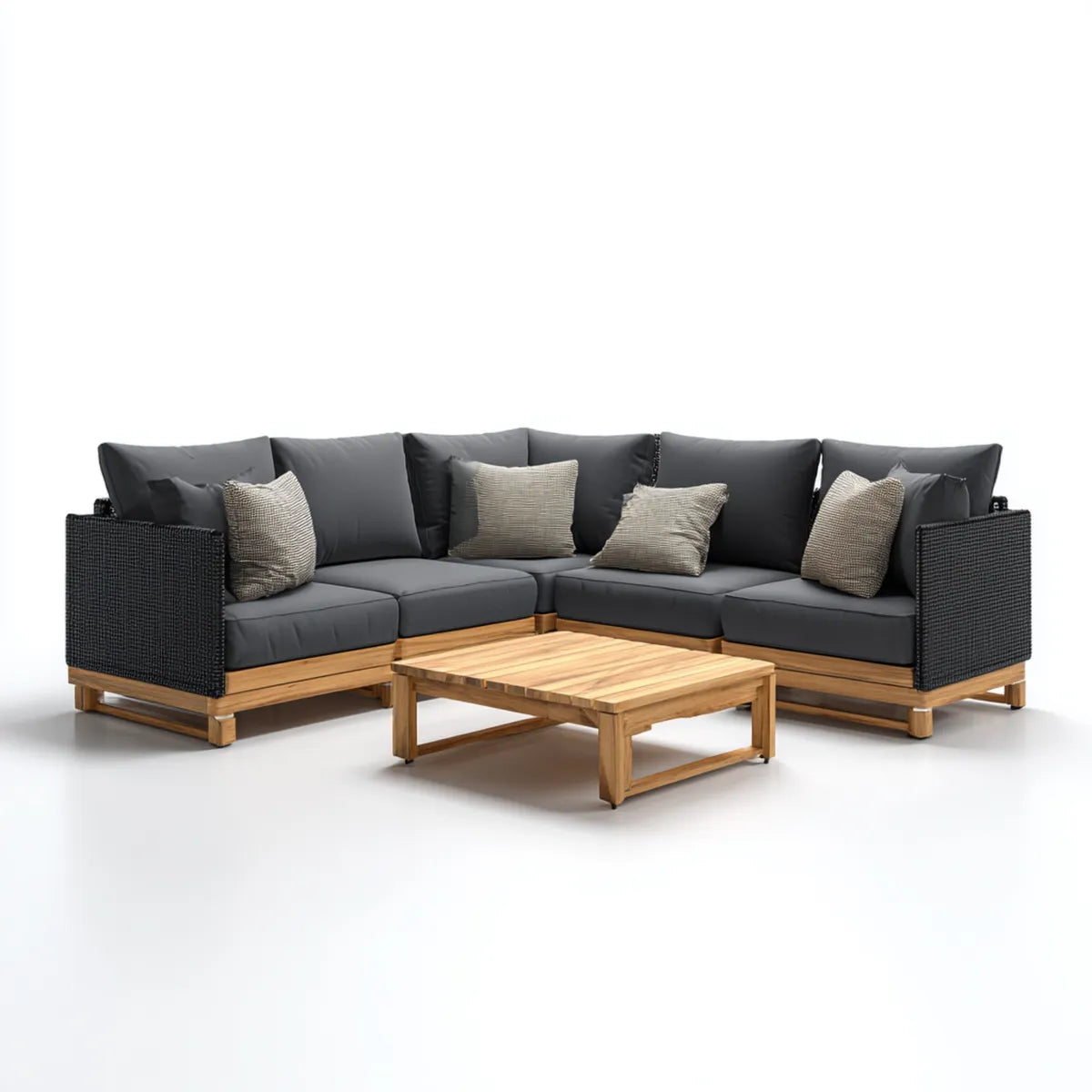 Salon de jardin d'angle 4 places noir et naturel en acacia massif et résine tressée PE en L 250 x 250 x 75 cm
