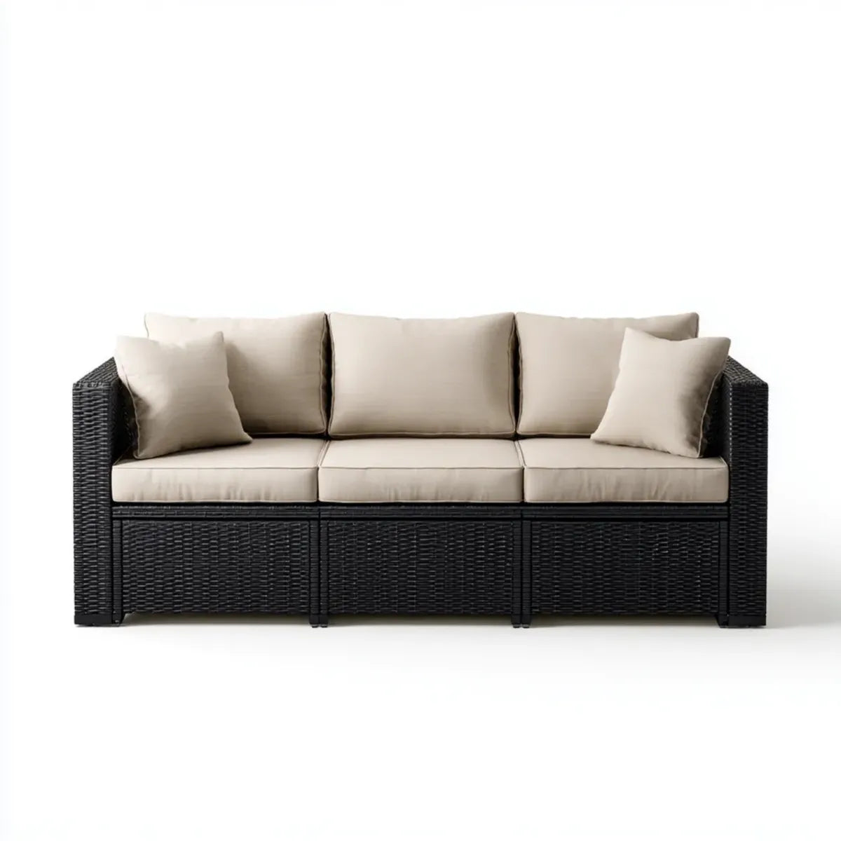 Canapé de jardin 3 places noir et beige 210 x 75 x 70 cm en résine tressée PE rectangulaire